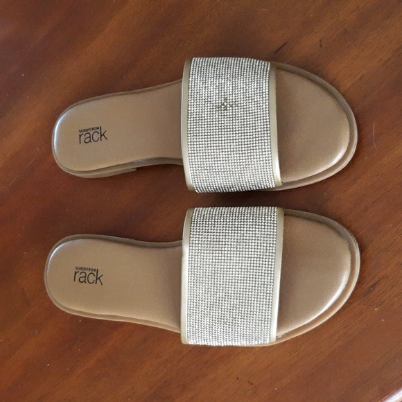 Nordstrom Rack Gold Slides Rhinestones Single Band Sandals sz 10M - Picture 4 of 11